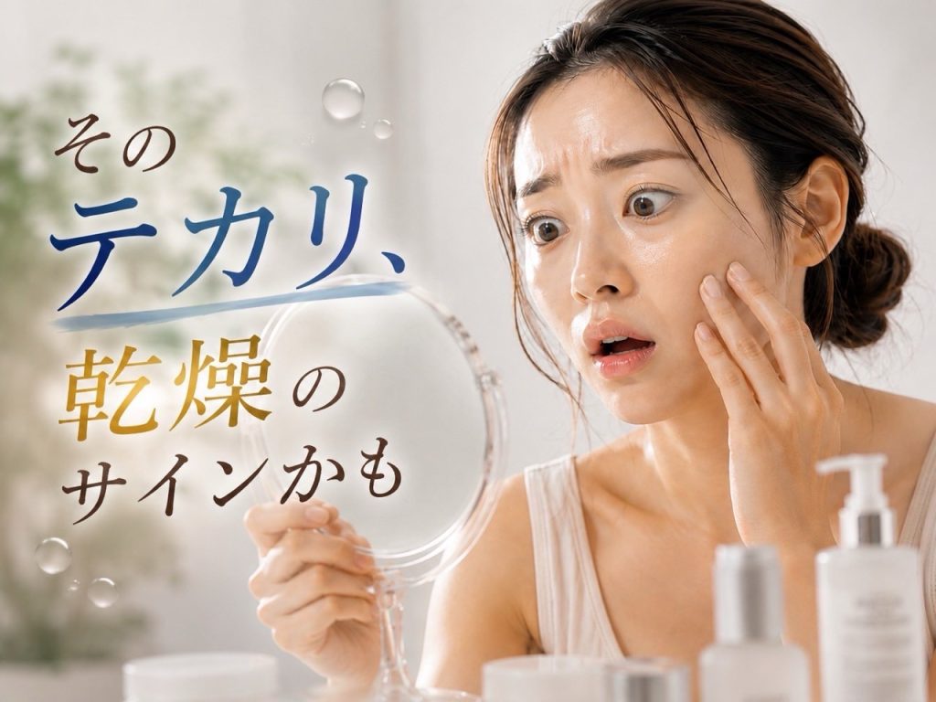 肌のテカリに悩む女性。実は乾燥によるインナードライのサインかもしれません