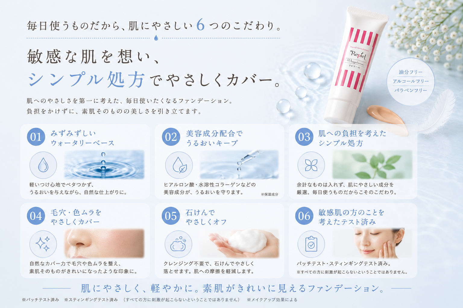 リピエール ウォータリーリキッドファンデーションの使用感と仕上がりに関する6つの特徴