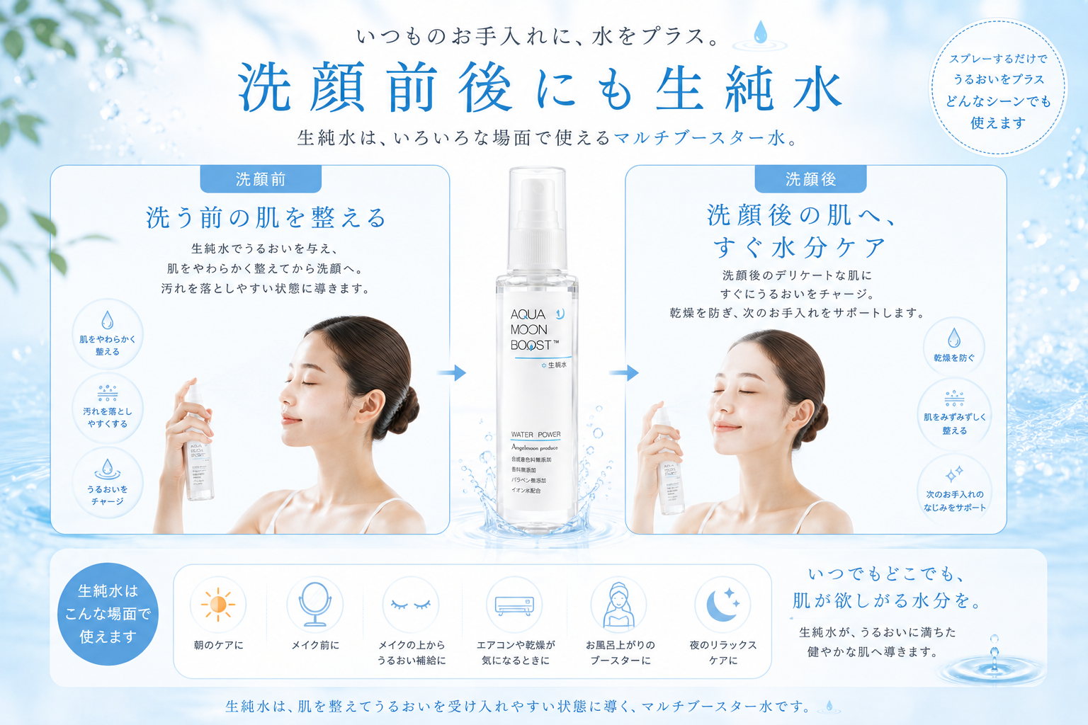 洗顔前と洗顔後に生純水で水分ケアをする方法