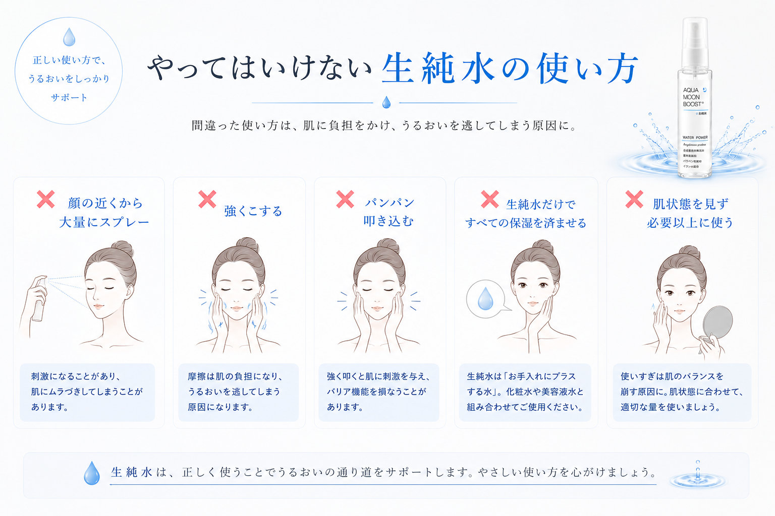 顔の近くから大量にかけることや強くこすることなど避けたい生純水の使い方